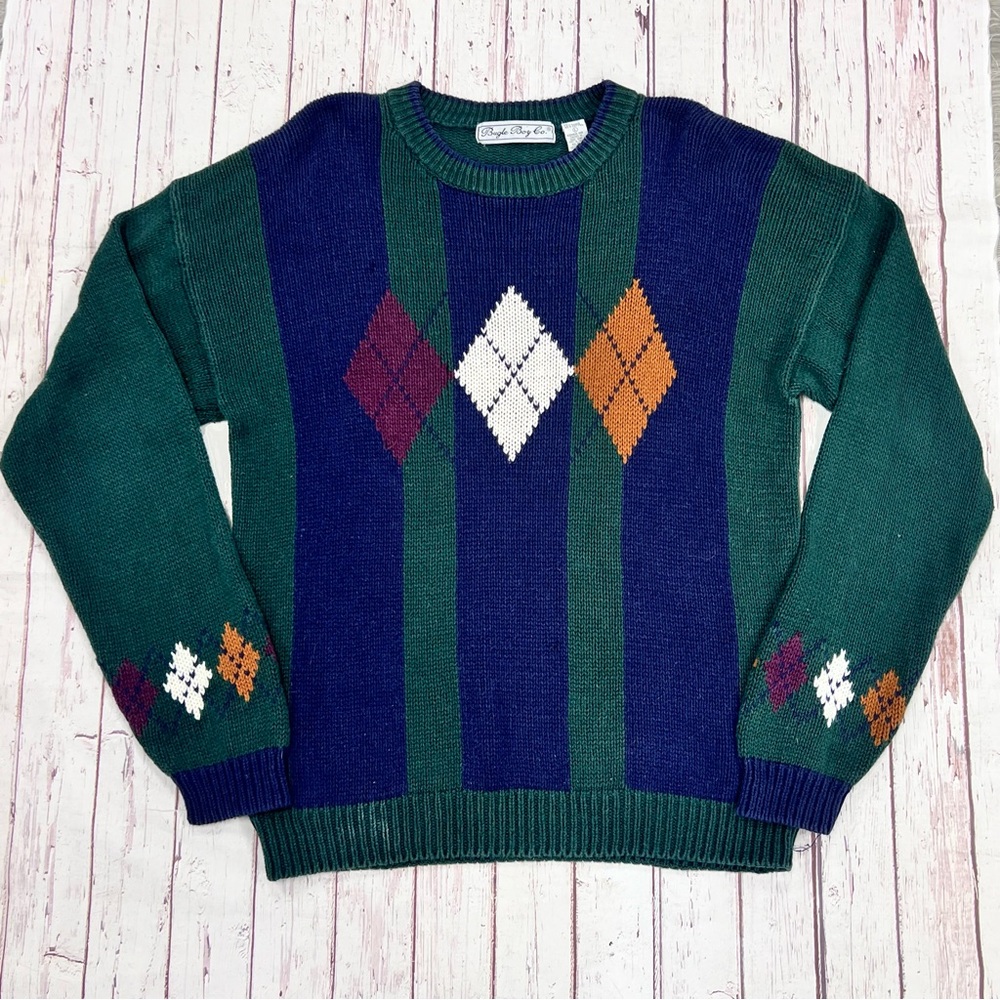 Vintage Bugle Boy Blue / Green Argyle Striped Knit Sweater Size Large